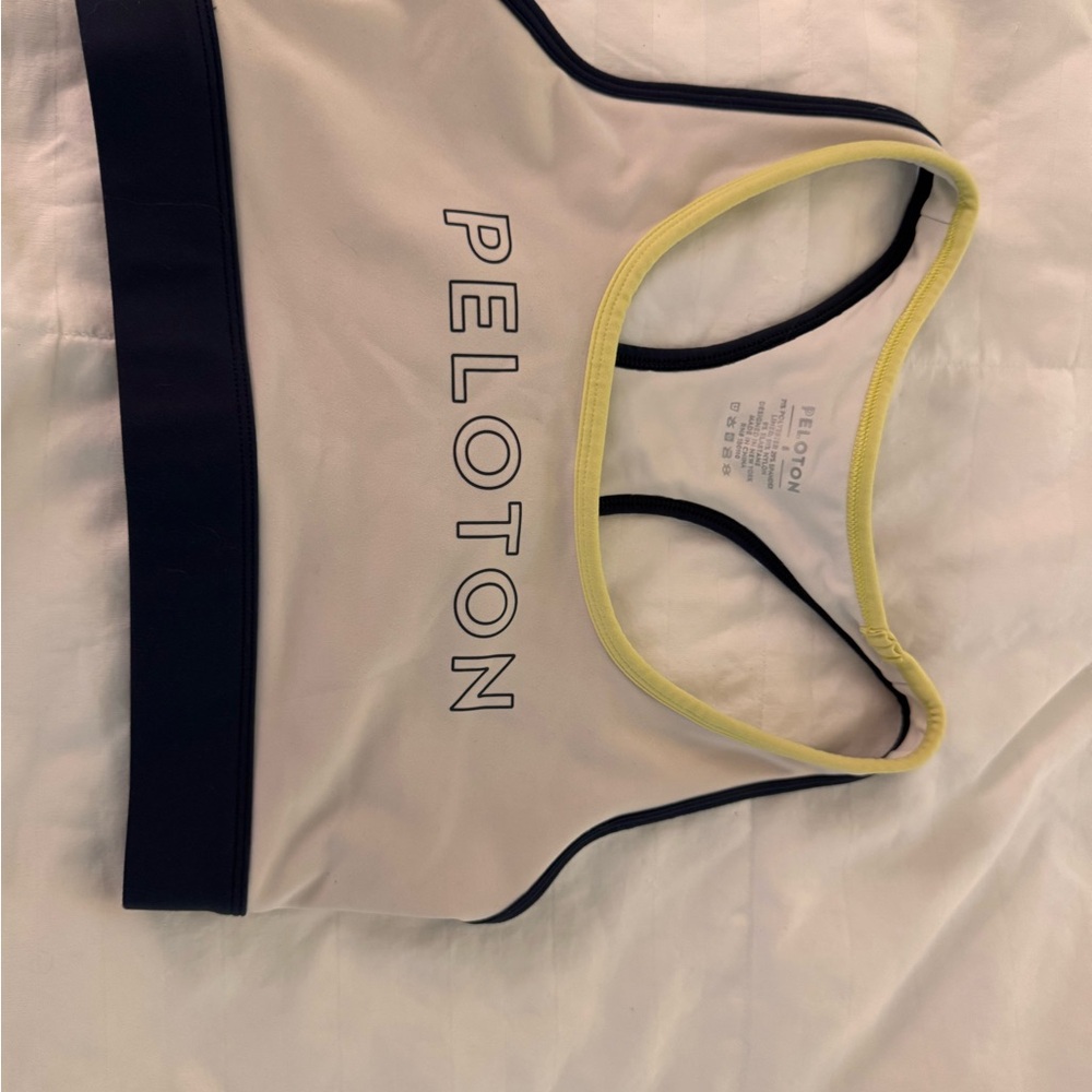 Peloton Cream Sports Bra with Black and Yellow Accents